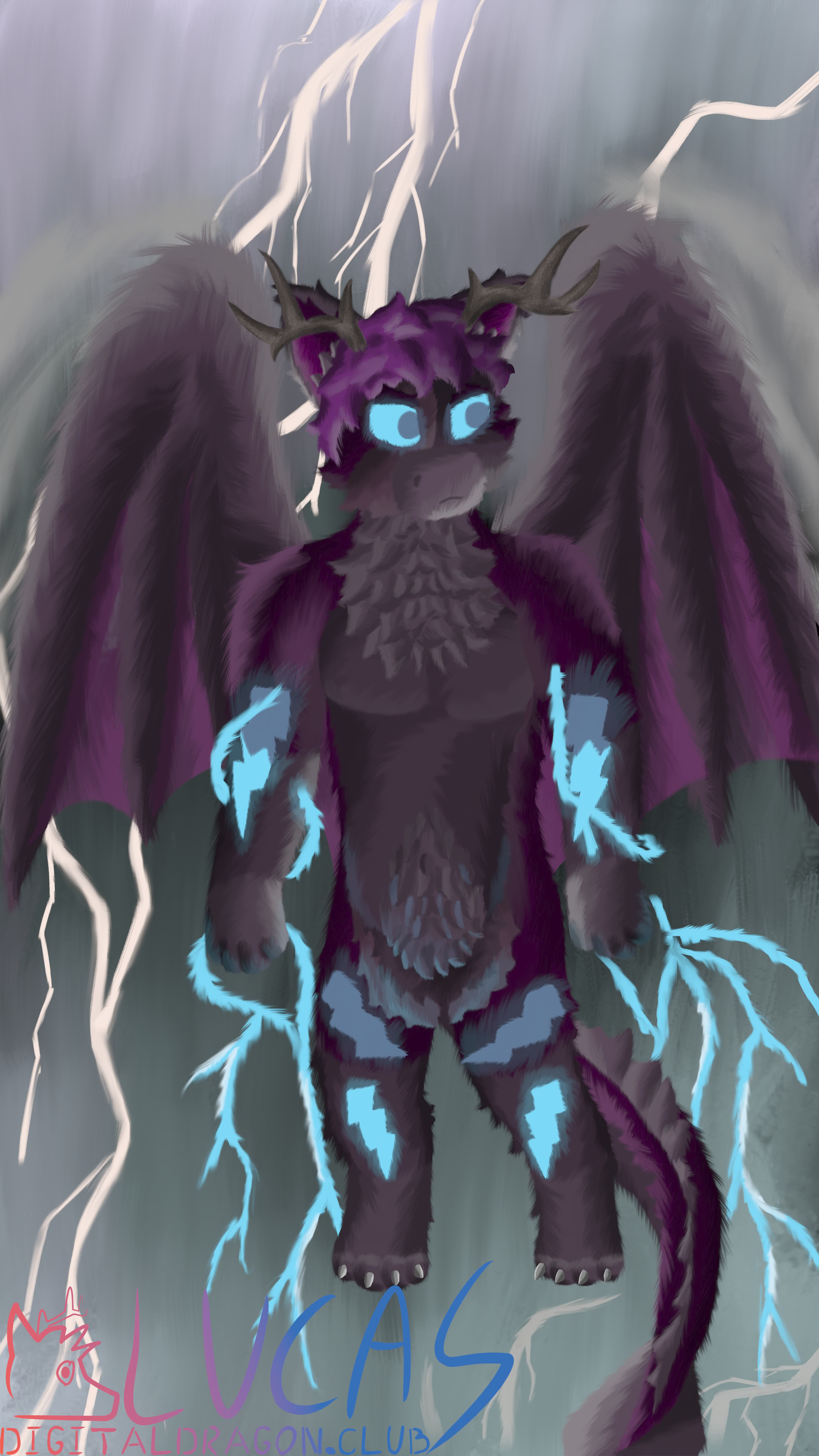 Furred male anthro lightning dragon in thunder clouds