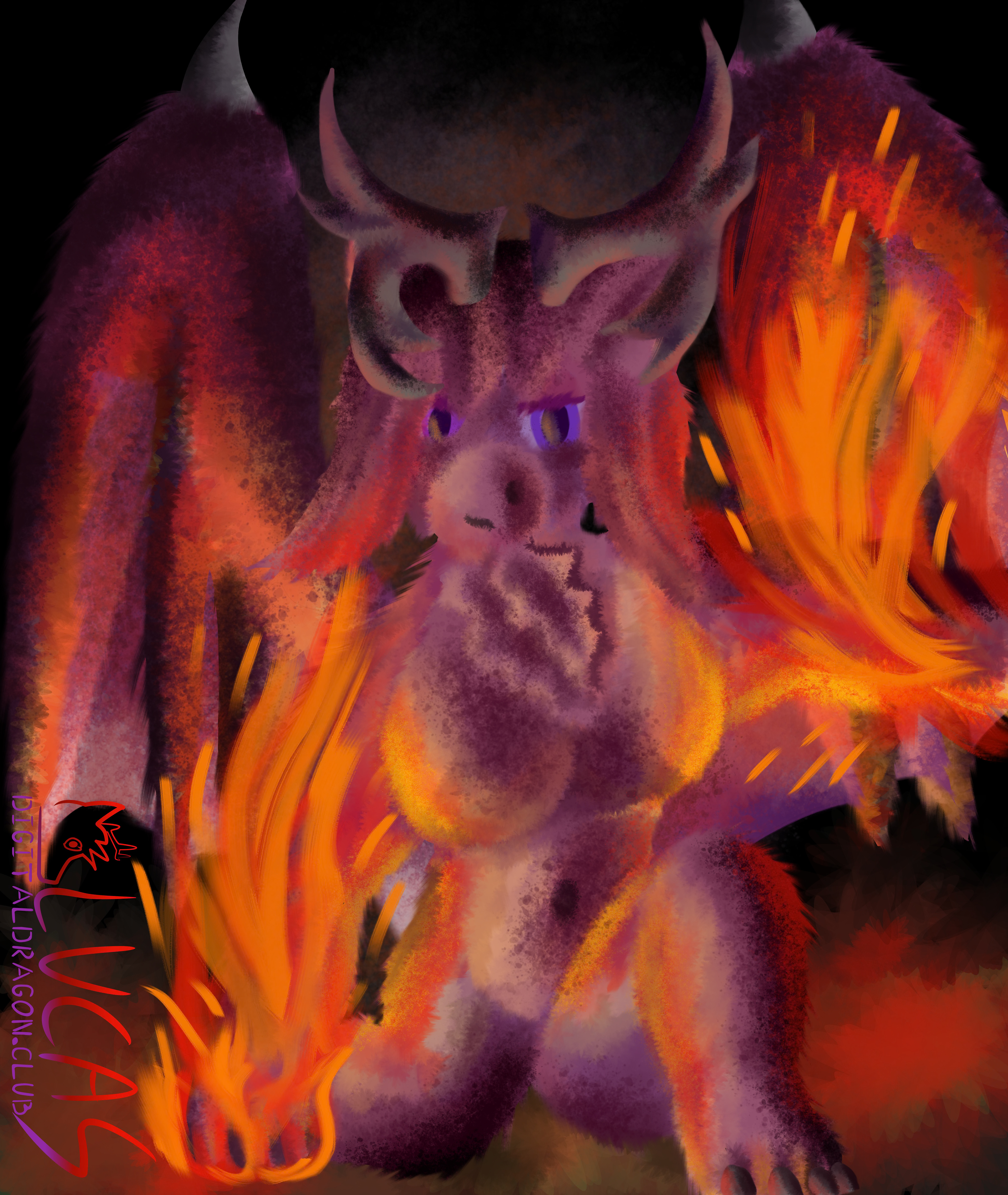 Drawing of a furred female anthro dragon landing with a lot of fire around her.
