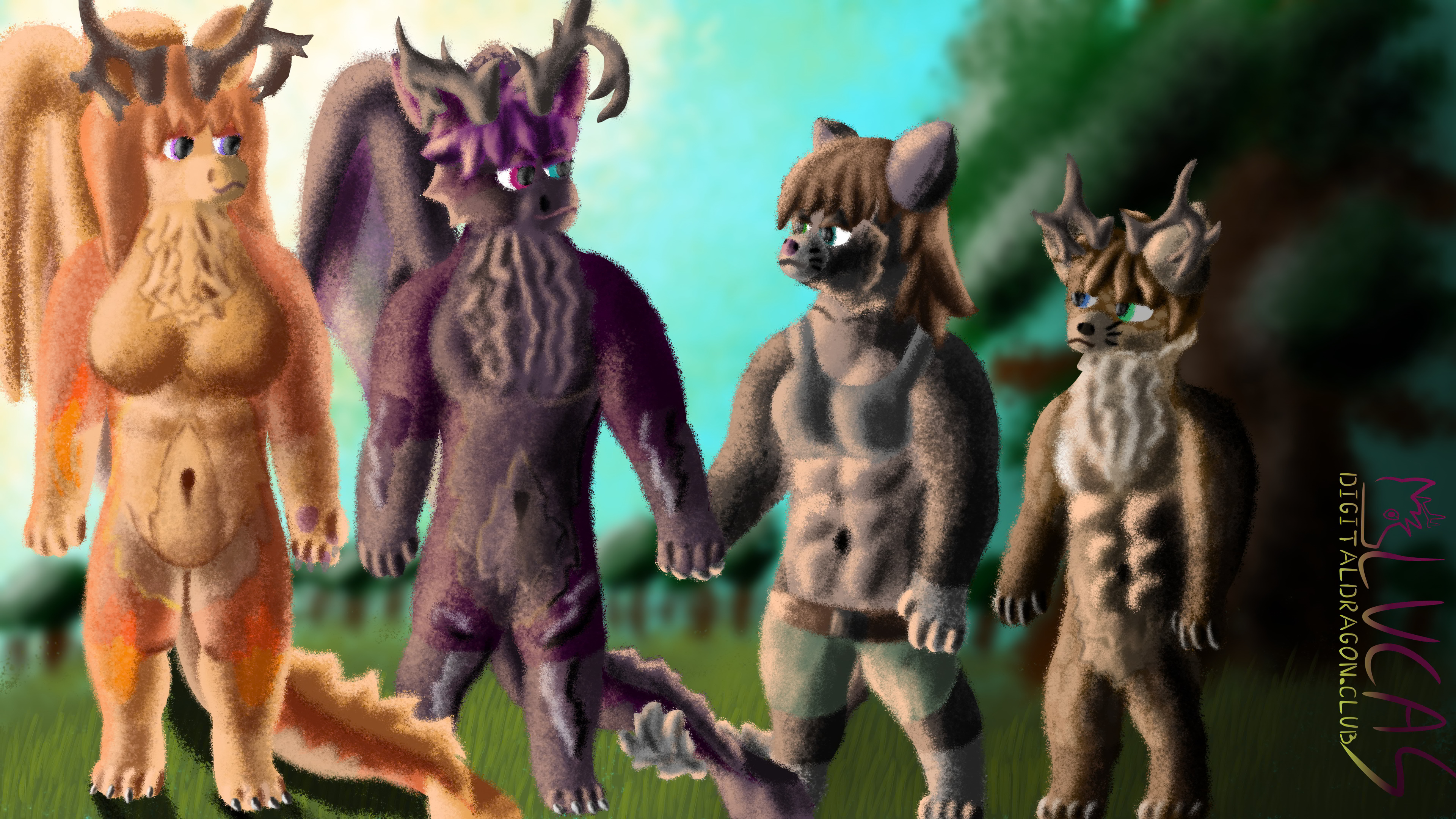 Height comparison of (male and female) furred anthro dragons, a male anthro deer, and a female human-cat hybrid