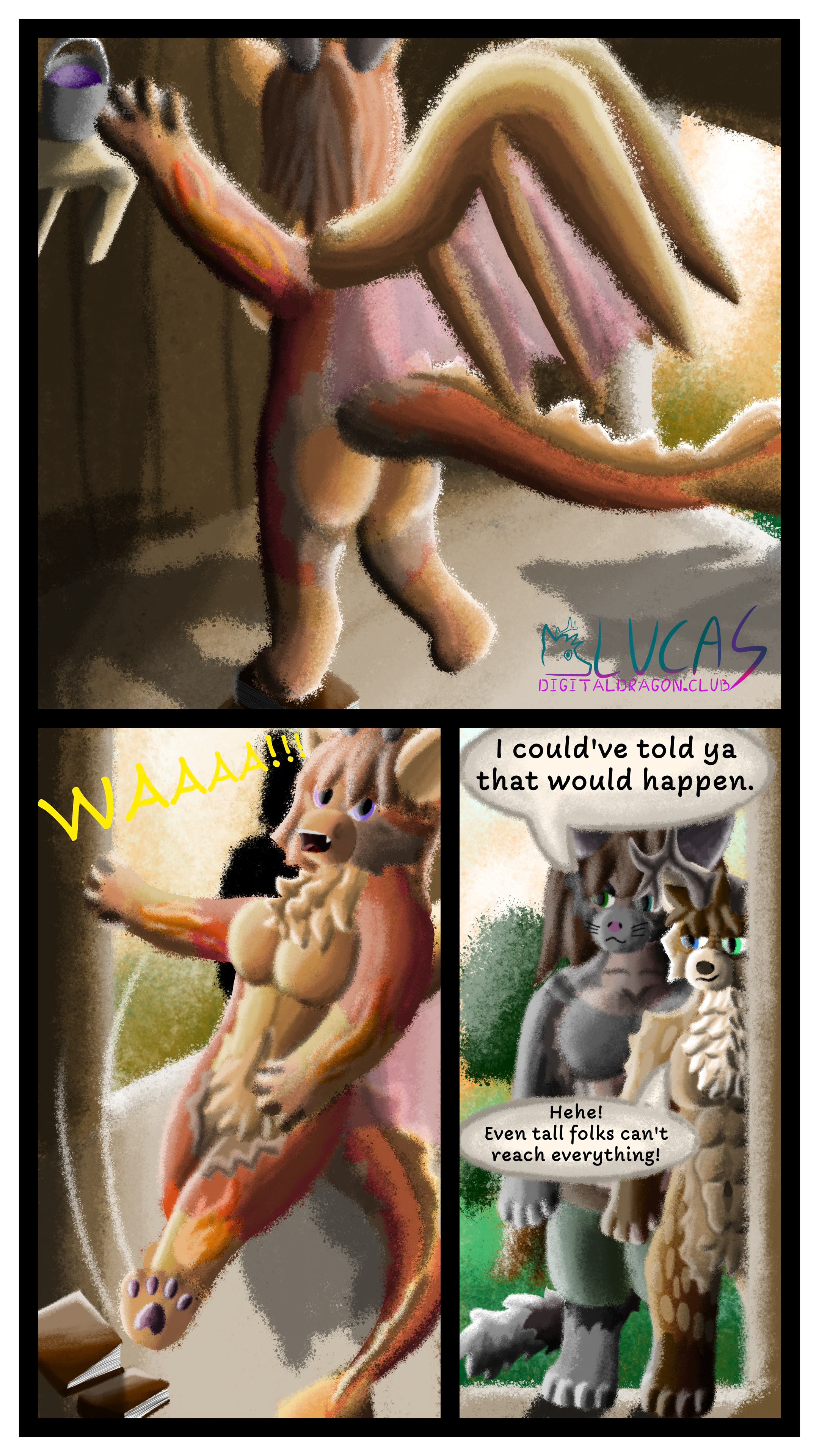 Furred female anthro dragon falling while trying to reach paint, with a reponse from a male anthro deer and female human-cat hybrid.