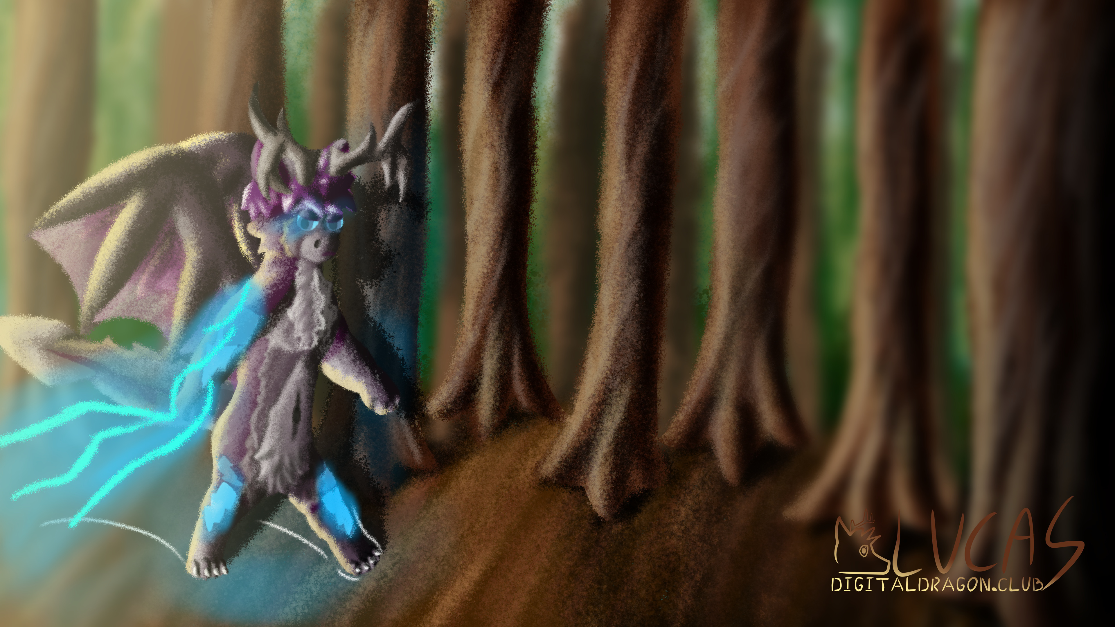 Furred male anthro lightning dragon running through the woods.