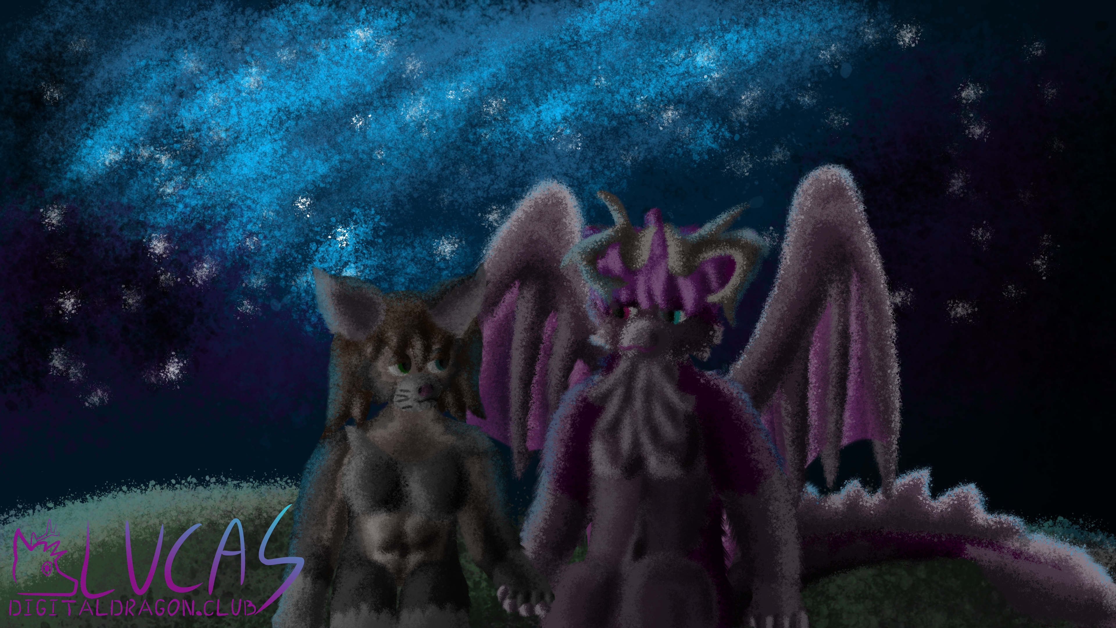 Male furred anthro dragon and female human-cat hybrid under the stars.