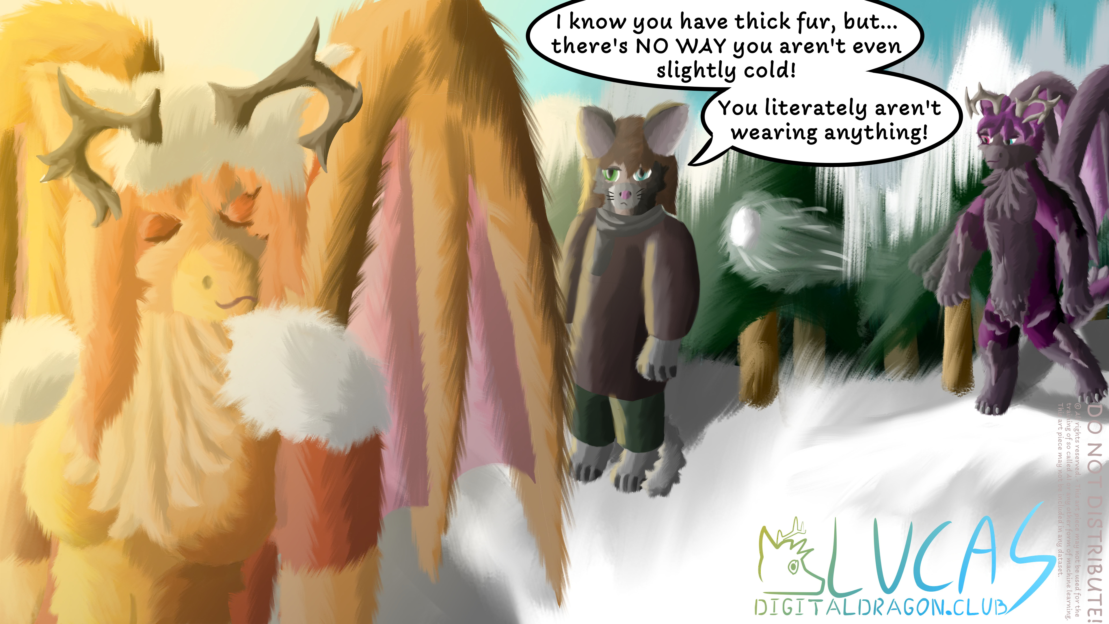 Furry anthro dragons and cat hybrid in the snow.